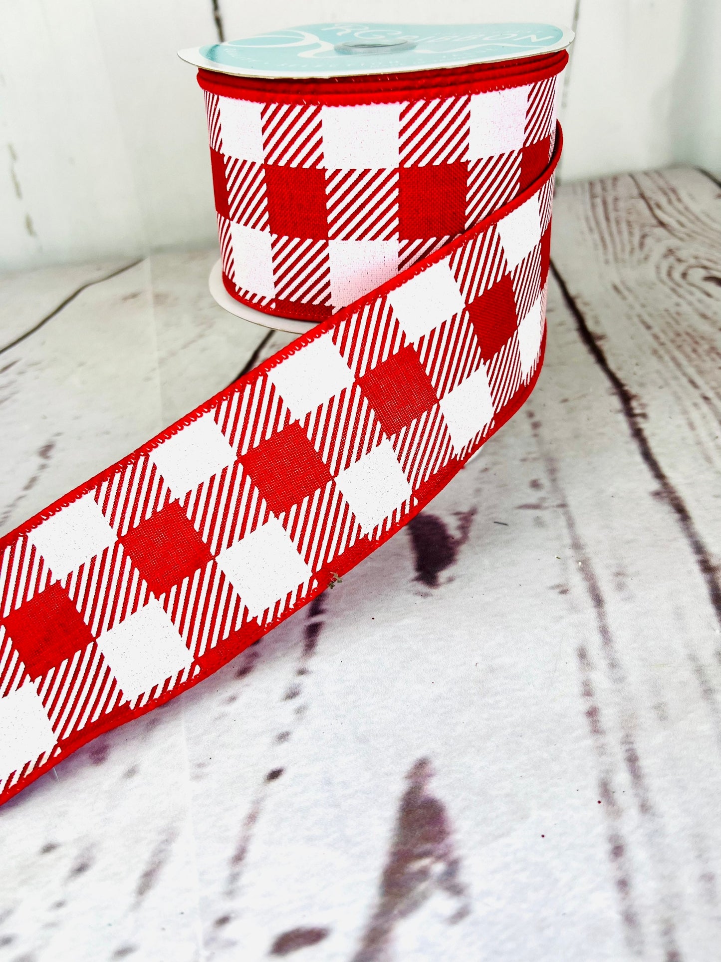 Red and White Checkered Wired Ribbon: 2.5" x 10 Yards