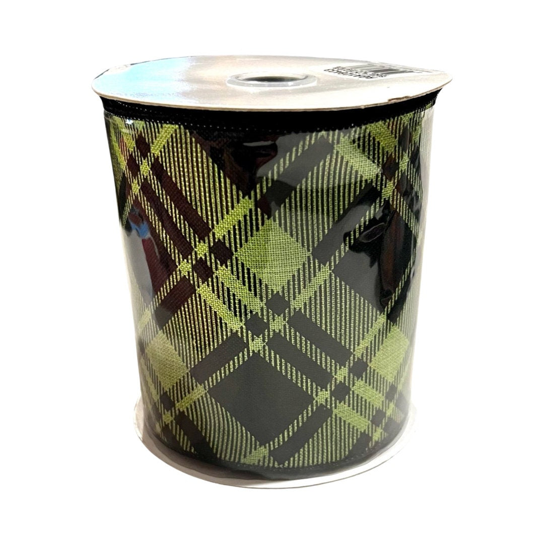 Green and Black Plaid Wired Halloween Ribbon - 4" x 10 yds