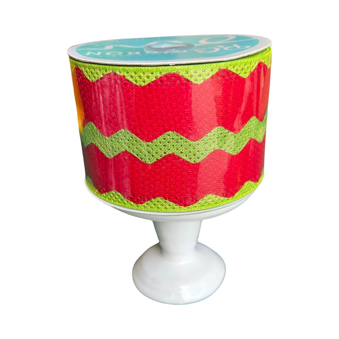 Christmas Ribbon, Solid Red Christmas Ribbon with Lime Green Ric Rac Edge, Gingerbread Christmas Ribbon Full Roll 2.5” by 10yd, RG Ribbon