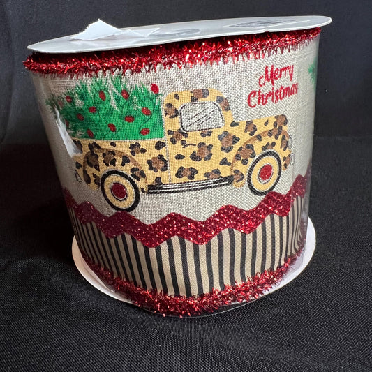 Leopard Pickup Truck Christmas Ribbon: 4 inch Beige Ribbon with Red Tinsel