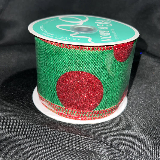 Green Christmas Ribbon: Red Glitter Dots, Wired Edge (2.5" x 10 Yards)