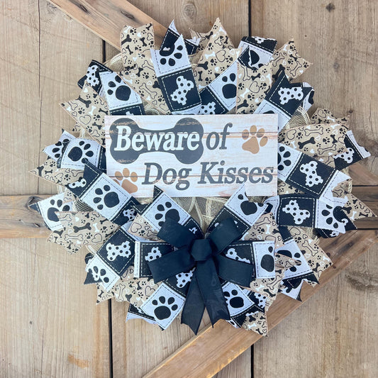 Dog Wreath Kit WITH VIDEO: DIY Beige Mesh, "Beware of Dog Kisses" Sign