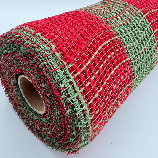 Red and Moss Green Check Wide Stripe Fabric Mesh 10.5” by 10 Yards, Olive Green Rustic Wreathmaking Supplies, Christmas Accent, RY831558