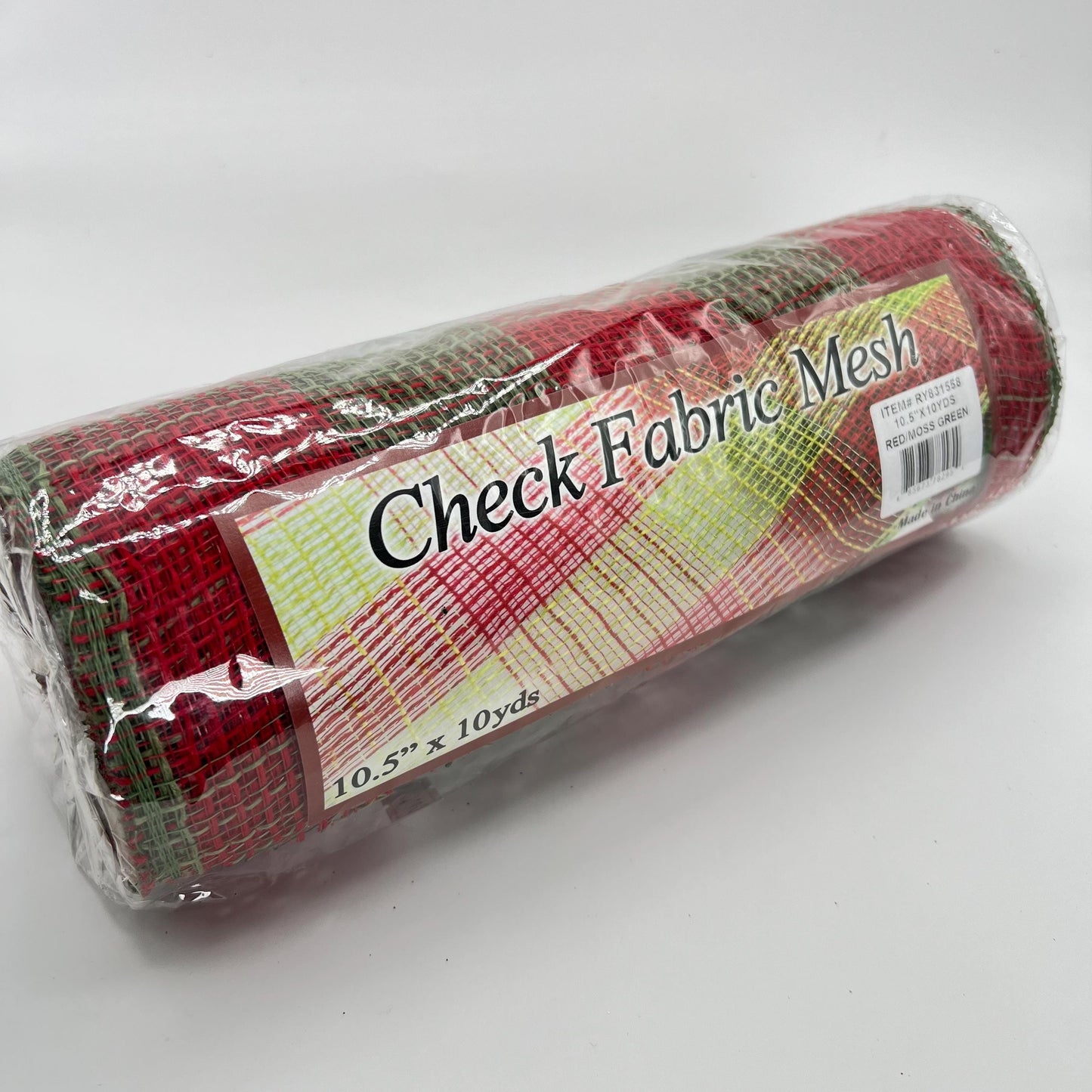 Red and Moss Green Check Wide Stripe Fabric Mesh 10.5” by 10 Yards, Olive Green Rustic Wreathmaking Supplies, Christmas Accent, RY831558
