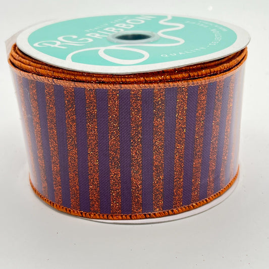 Halloween Wired Ribbon: Purple with Orange Glitter Stripe (2.5" x 10yd)