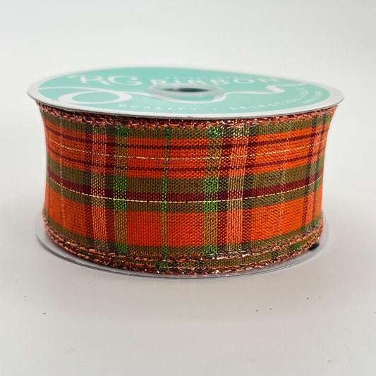 Fall Plaid Wired Ribbon: Orange, Moss Green & Burgundy Metallic - 1.5" x 10yd