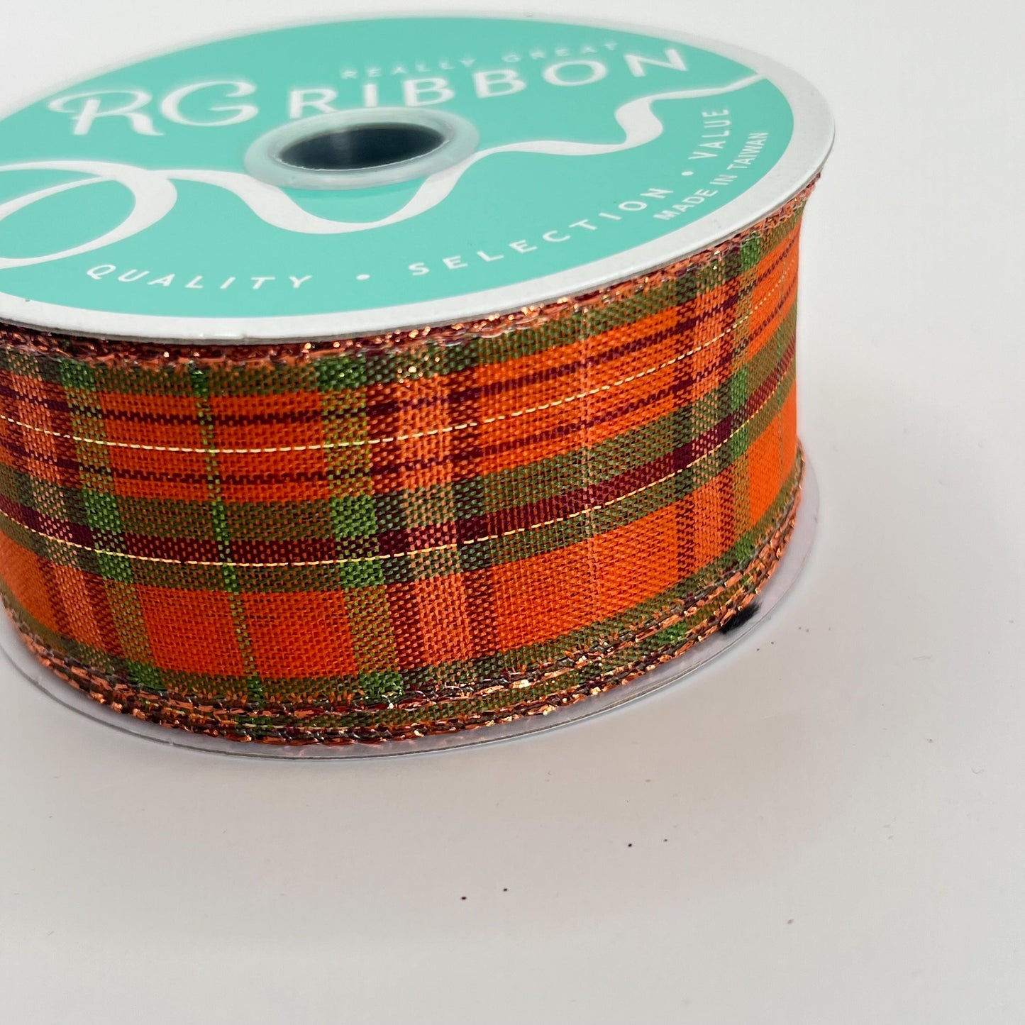 Fall Plaid Wired Ribbon: Orange, Moss Green & Burgundy Metallic - 1.5" x 10yd