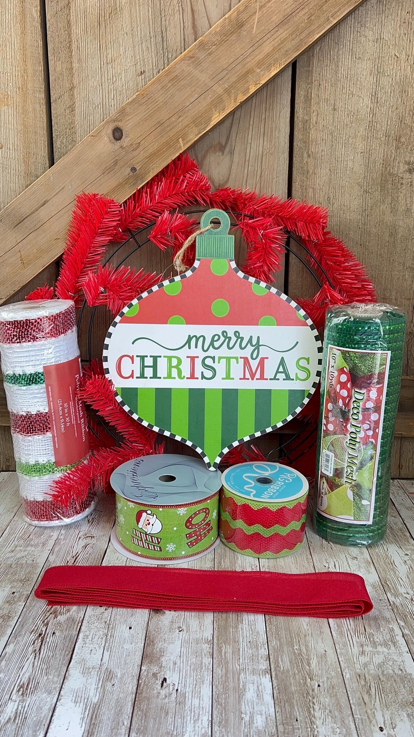 Christmas Wreath Kit, Vintage Ornament Wreath Kit, Do It Yourself Holiday Wreath Kit, Merry Christmas Green Red Ribbon Mesh Sign Bundle