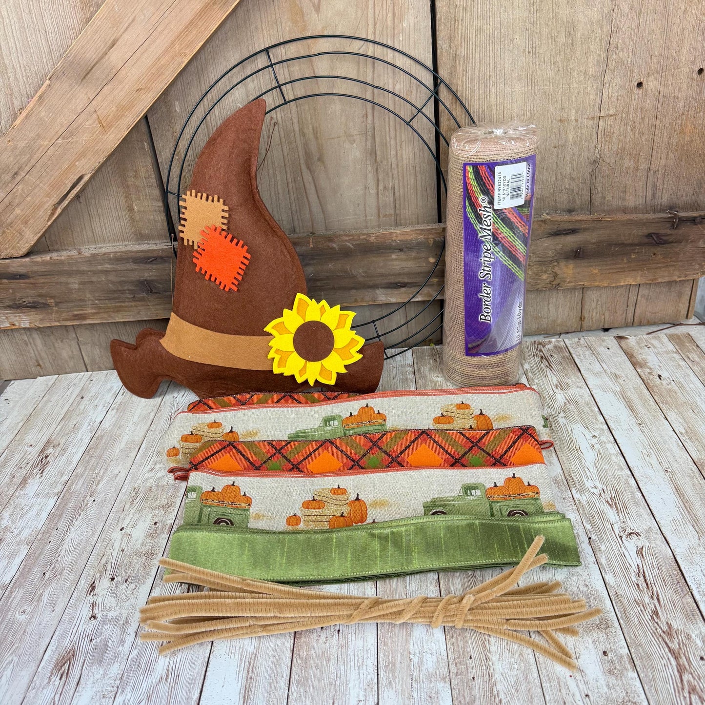 Fall Thin Wreath Kit, Scarecrow Pumpkin Pickup Truck Wreath Kit WITH VIDEO, Orange and Green Fall Pancake Wreath Kit, Fall Ribbon Mesh Kit