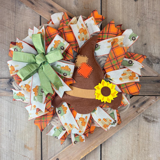 Fall Thin Wreath Kit, Scarecrow Pumpkin Pickup Truck Wreath Kit WITH VIDEO, Orange and Green Fall Pancake Wreath Kit, Fall Ribbon Mesh Kit