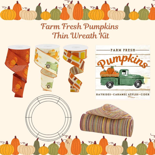 Fall Thin Wreath Kit, Pumpkin Pickup Truck Wreath Kit, Orange and Green Fall Pancake Wreath Kit, Ribbon Mesh and Wreath Frame Kit for Fall