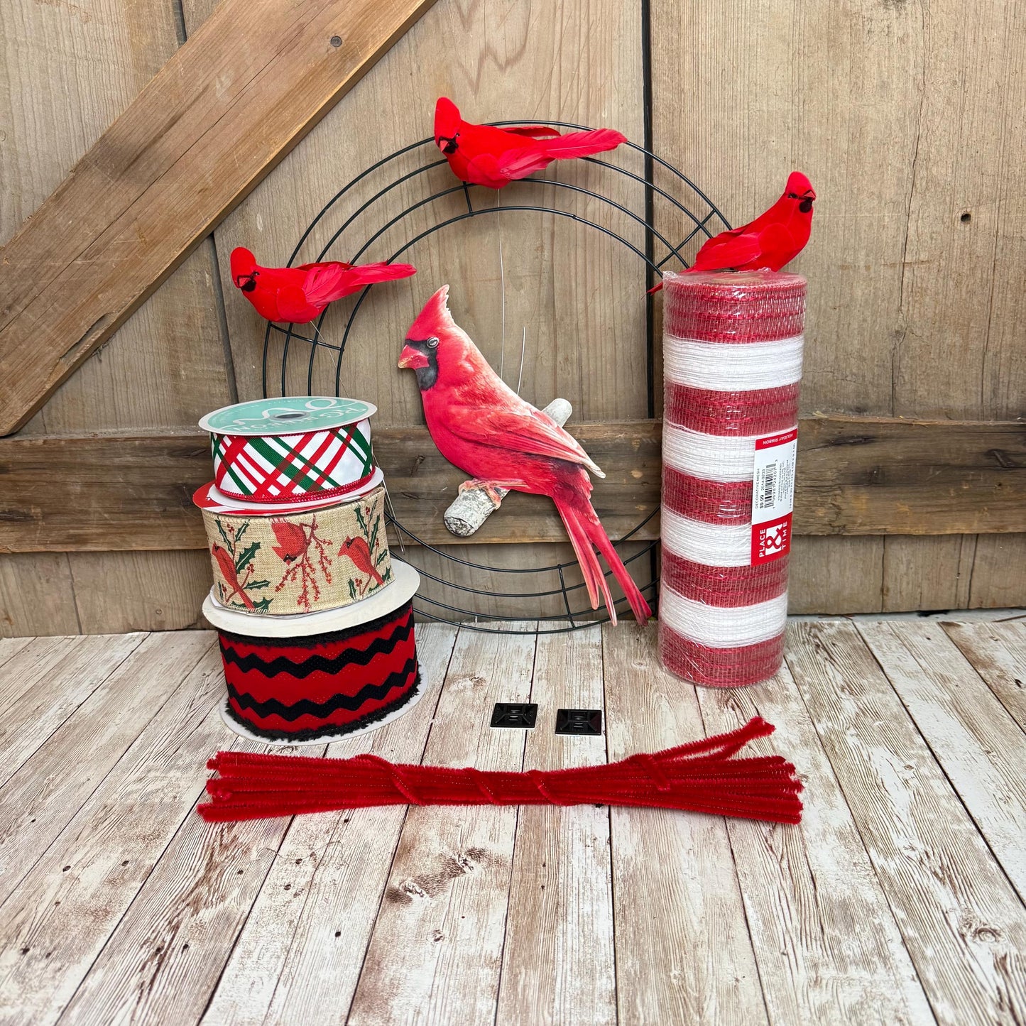 Cardinal Wreath Kit, Thin Rustic Cardinal Wreath Kit, Do It Yourself Holiday Wreath Kit, Embossed Cardinal Sign Ribbon Frame and Mesh Bundle