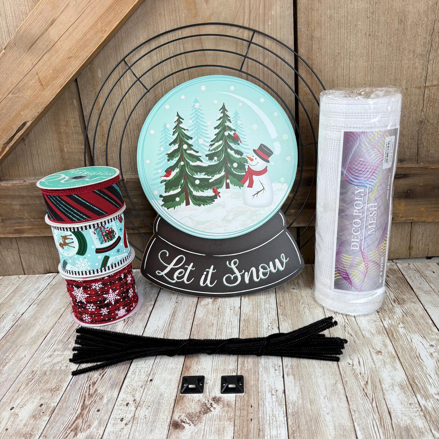 Let It Snow Christmas Wreath Kit WITH VIDEO: Ice Blue Snowglobe and Snowflake Ribbon - DIY