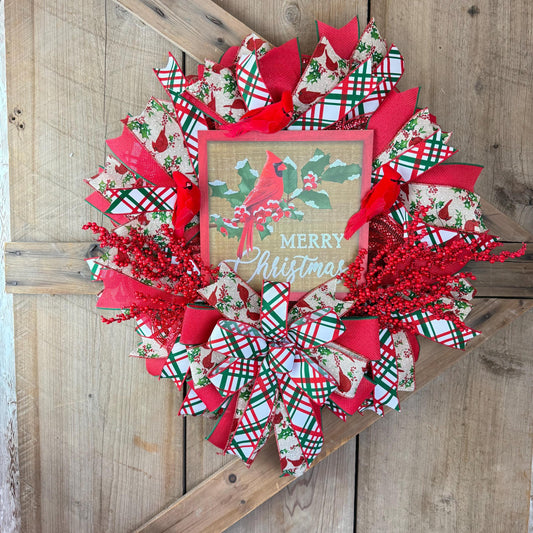 Cardinal Wreath Kit WITH VIDEO, Thin Merry Christmas Wreath Kit, Do It Yourself Holiday Wreath Kit, Rustic Snowy Cardinal Ribbon Mesh Sign