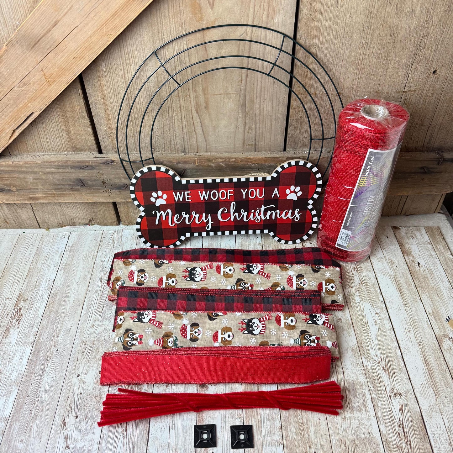 Holiday Wreath Kit, Thin Festive Dog Wreath Kit, We Woof You a Merry Christmas Wreath Kit, Xmas Pet Ribbon Mesh Sign Bundle, Dog Themed Gift