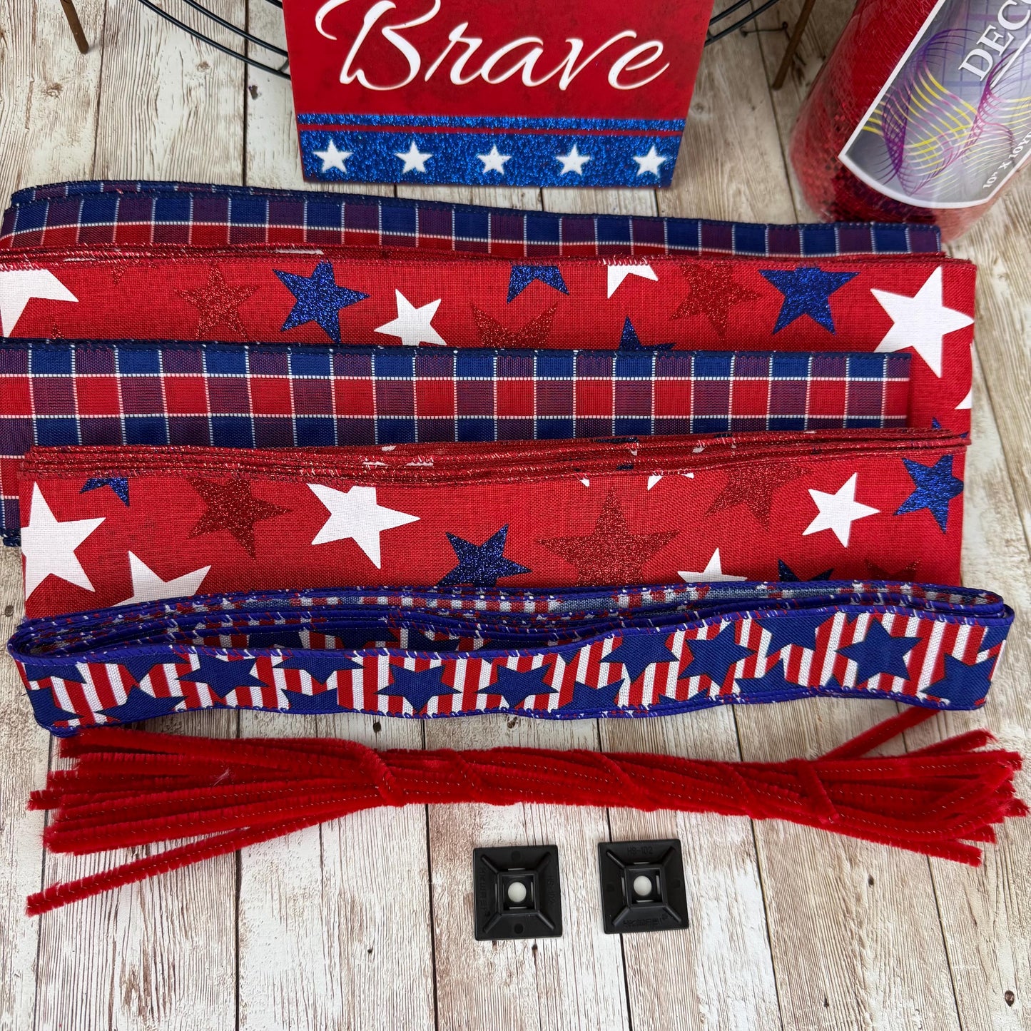 Patriotic Wreath Kit, Thin Red White and Blue Wreath Kit, Do It Yourself Fourth of July Wreath Kit, Memorial Day Ribbon Mesh and Sign Bundle