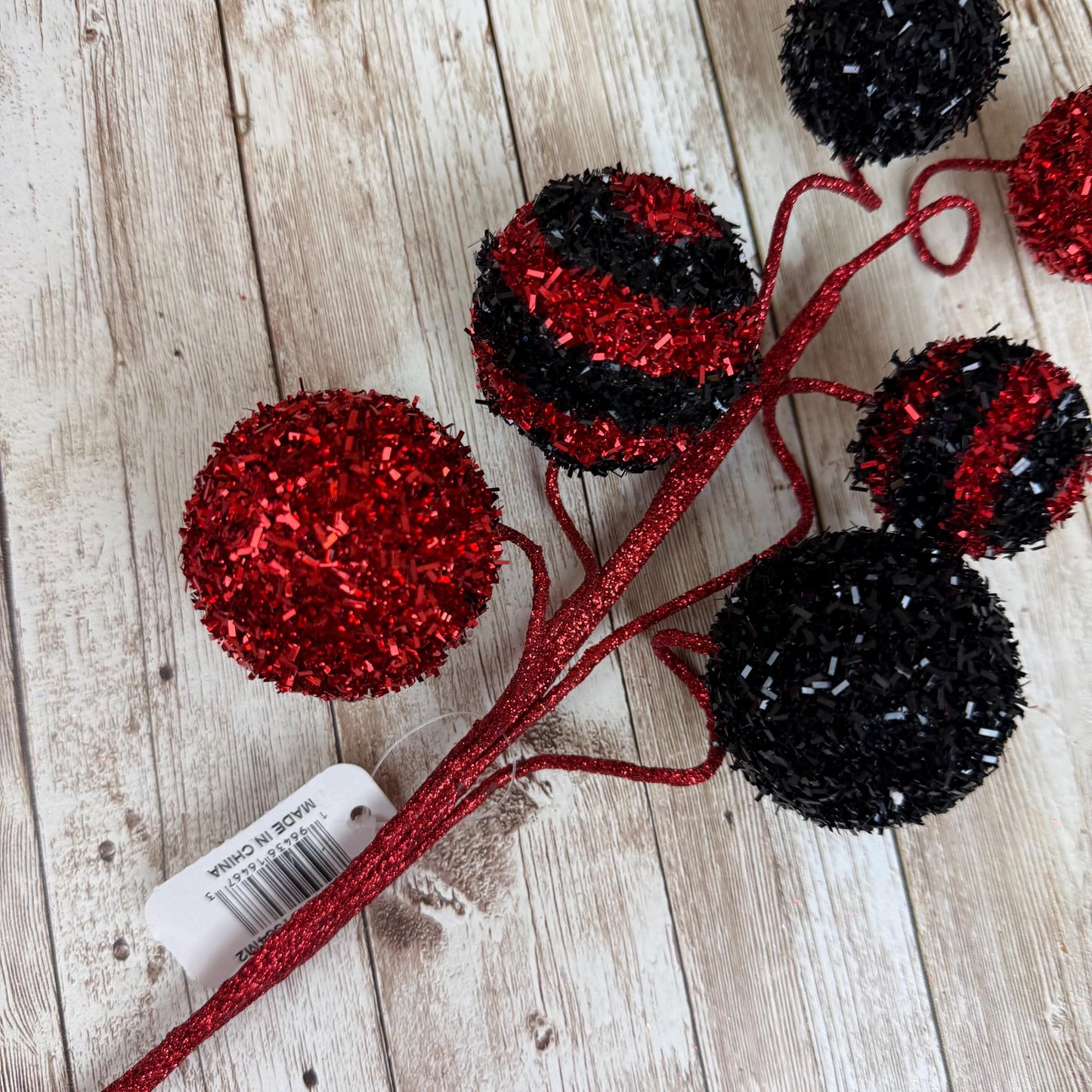 20" Red and Black Foil Ball Pick, Valentine’s Day Decor, Ball Spray for Wreath, Valentine Ball Spray, V-Cut Foil Solid & Stripe Balls Spray