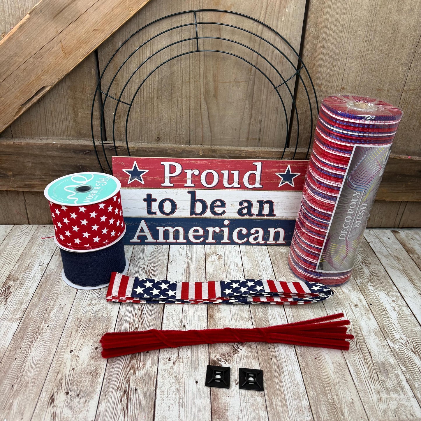 Patriotic Wreath Kit, Thin Red White and Blue Wreath Kit, DIY Fourth of July Wreath Kit, Proud to Be an American Ribbon Mesh and Sign Bundle