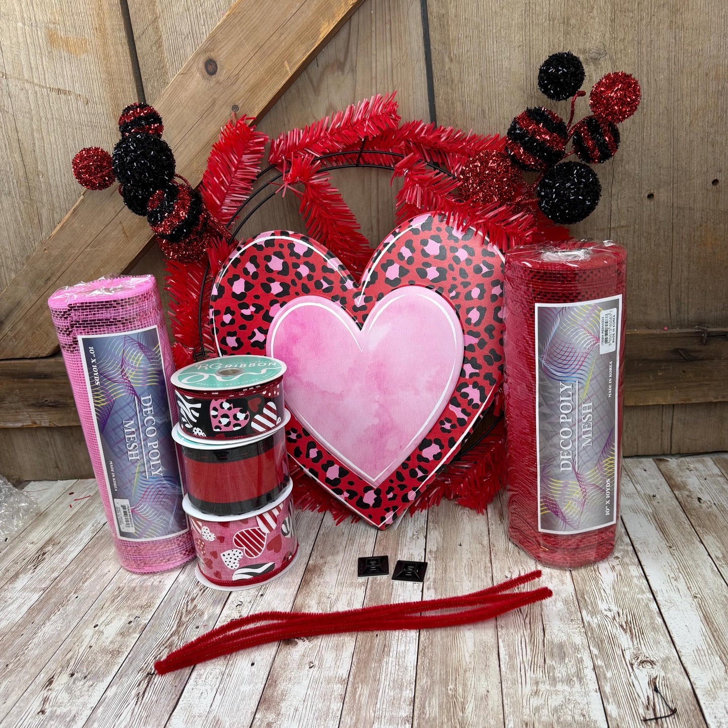 Large Valentine Wreath KIT WITH VIDEO, Pink Leopard Heart Wreath Kit, Do It Yourself Wreath Kit, Valentine’s Day Pink Red Ribbon Mesh Sign