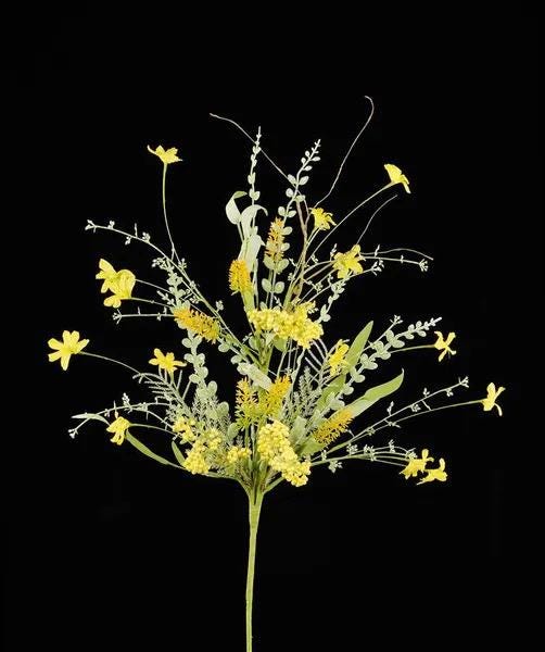 24"L Fabric Flower/EVA Leaf/Beads Spray: Yellow, Spring Greenery Stem, Easter Filler Bush with Leaves Buds Yellow Berries, 60919, FH807129