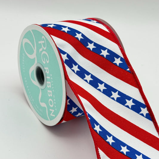 Red White and Blue Diagonal Stripe Wired Ribbon, Stars & Stripes Fourth of July Wreath Supply, Patriotic Ribbon 2.5” by 10 yards, RGE105727