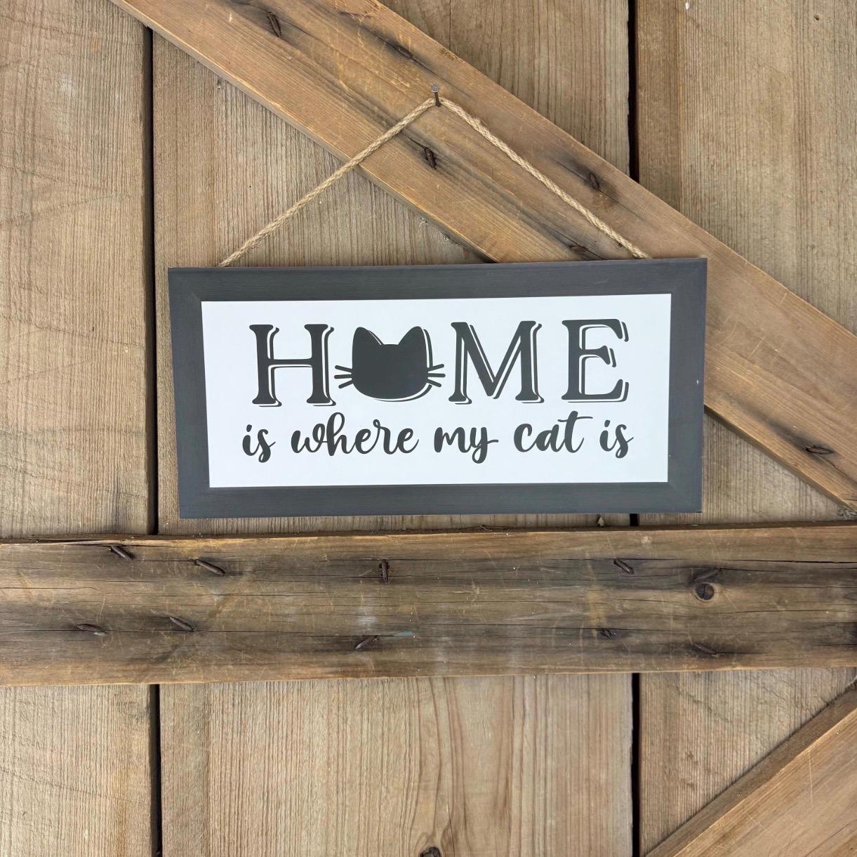 Home is Where My Cat Is Sign, Pet Love Wreath Sign, Cat Door Hanger, Feline Wall Decor, Black Kitty Wall Decoration, Cat Mom or Dad Gift