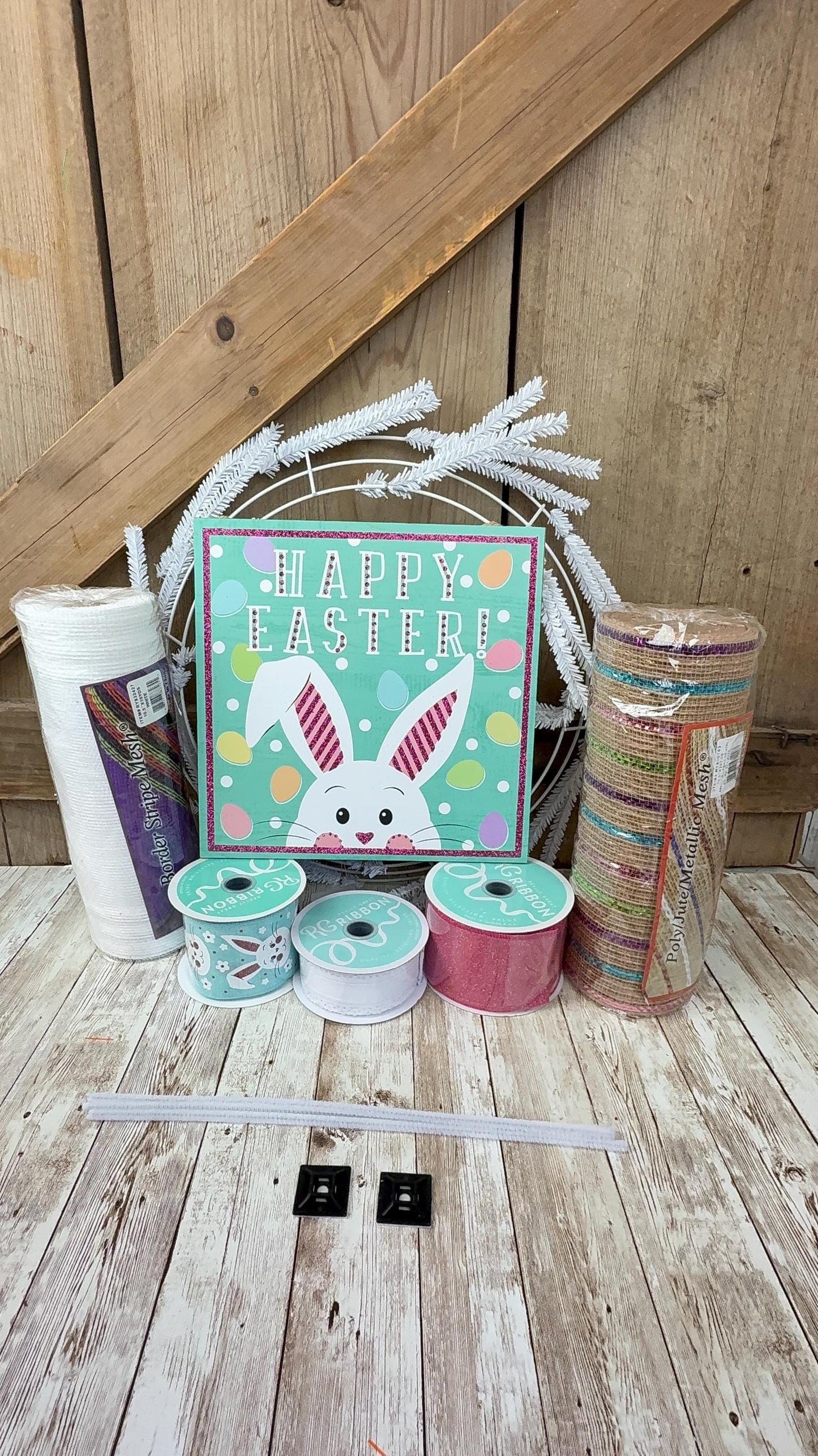 Large Easter Wreath Kit, Pink Pickup Truck Easter’s on It’s Way Wreath Kit, Do It Yourself Wreath Kit, Easter Pink & White Ribbon Mesh Sign