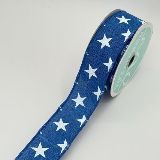 Blue with White Stars Wired Ribbon, Fourth of July Wreath Supply, Independence Day Bowmaking, Patriotic Ribbon 1.5” by 10 yards, RGE111525