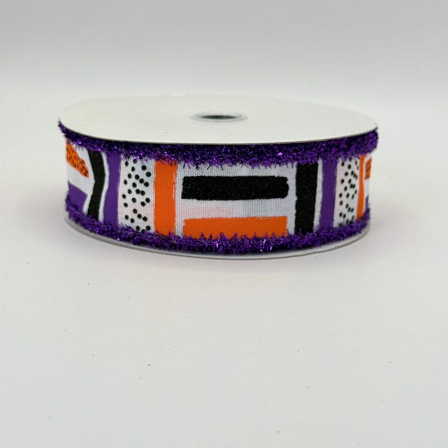 Halloween Brush Stroke Wired Ribbon, Orange Purple Stripe Wreath Supply, White Ribbon with Purple Tinsel Edge 1.5” by 10 yards, RG089265F