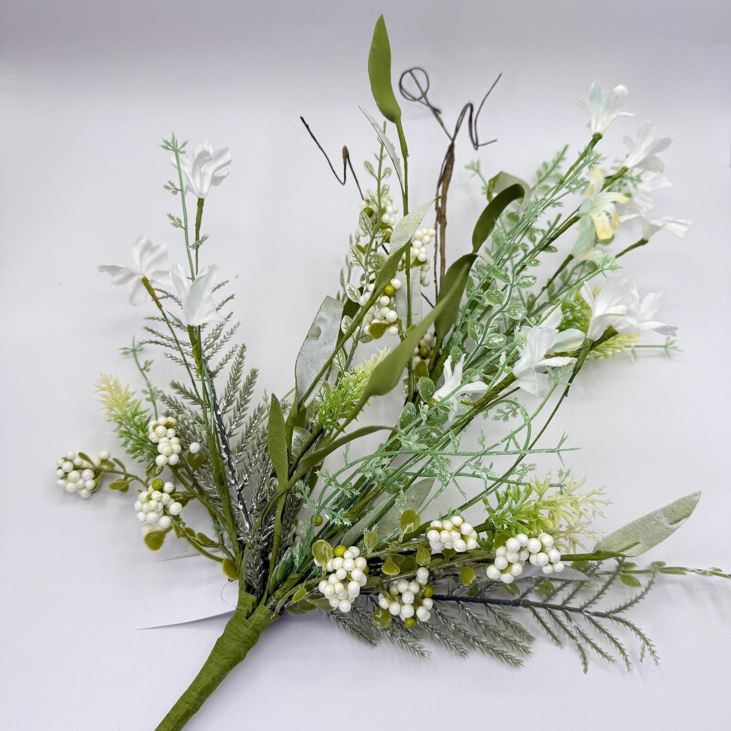 24"L Fabric Flower/EVA Leaf/Beads Spray: White, White Greenery Stem, Greenery Filler Bush with Leaves Buds White Berries, 60919, FH807127