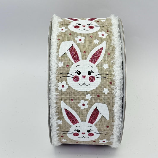 Easter Bunny Wired Ribbon: 2.5" x 10yd, Easter Wreath Supply, Natural Beige Easter Ribbon, White Bunny Face with Pink Ears Bowmaking Ribbon