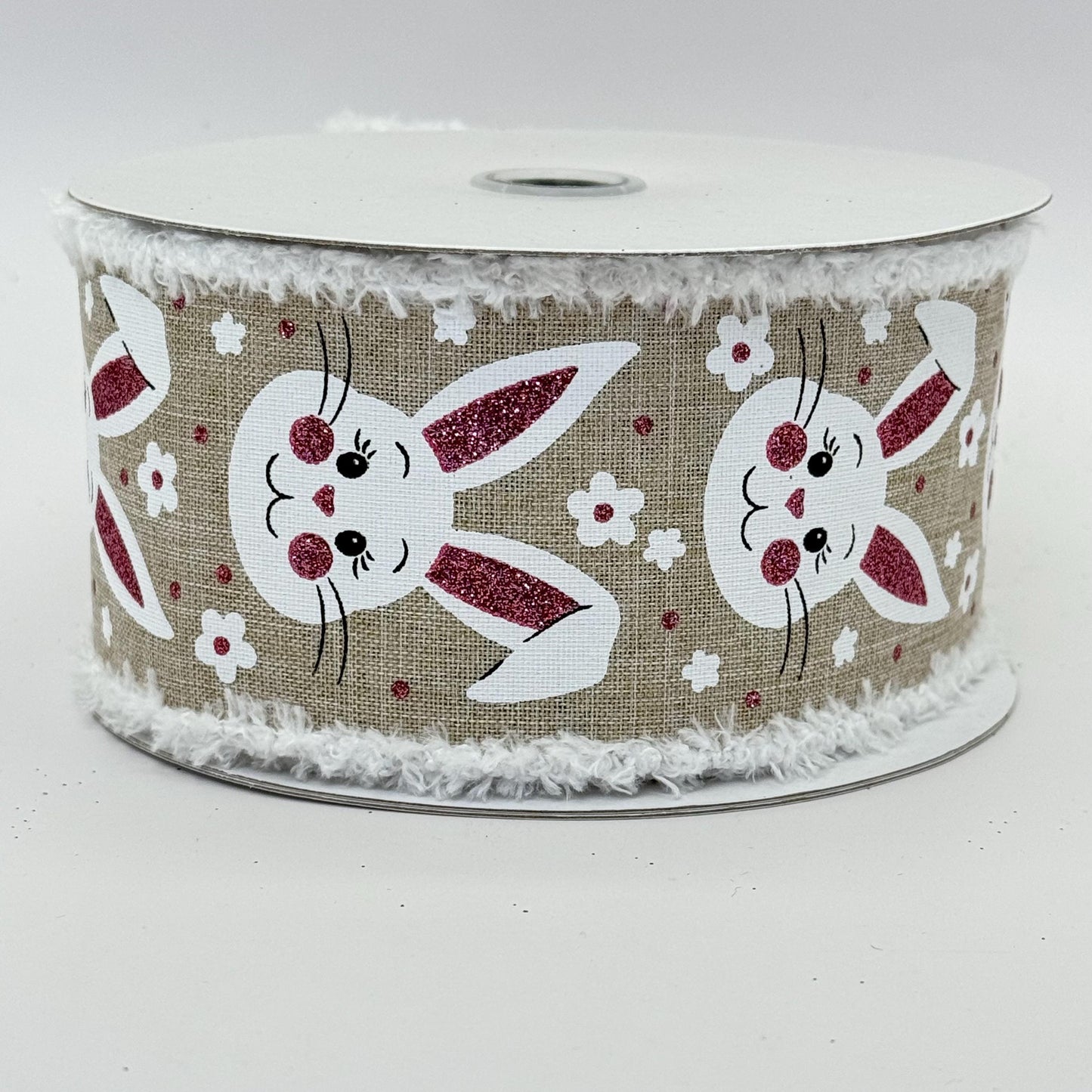 Easter Bunny Wired Ribbon: 2.5" x 10yd, Easter Wreath Supply, Natural Beige Easter Ribbon, White Bunny Face with Pink Ears Bowmaking Ribbon