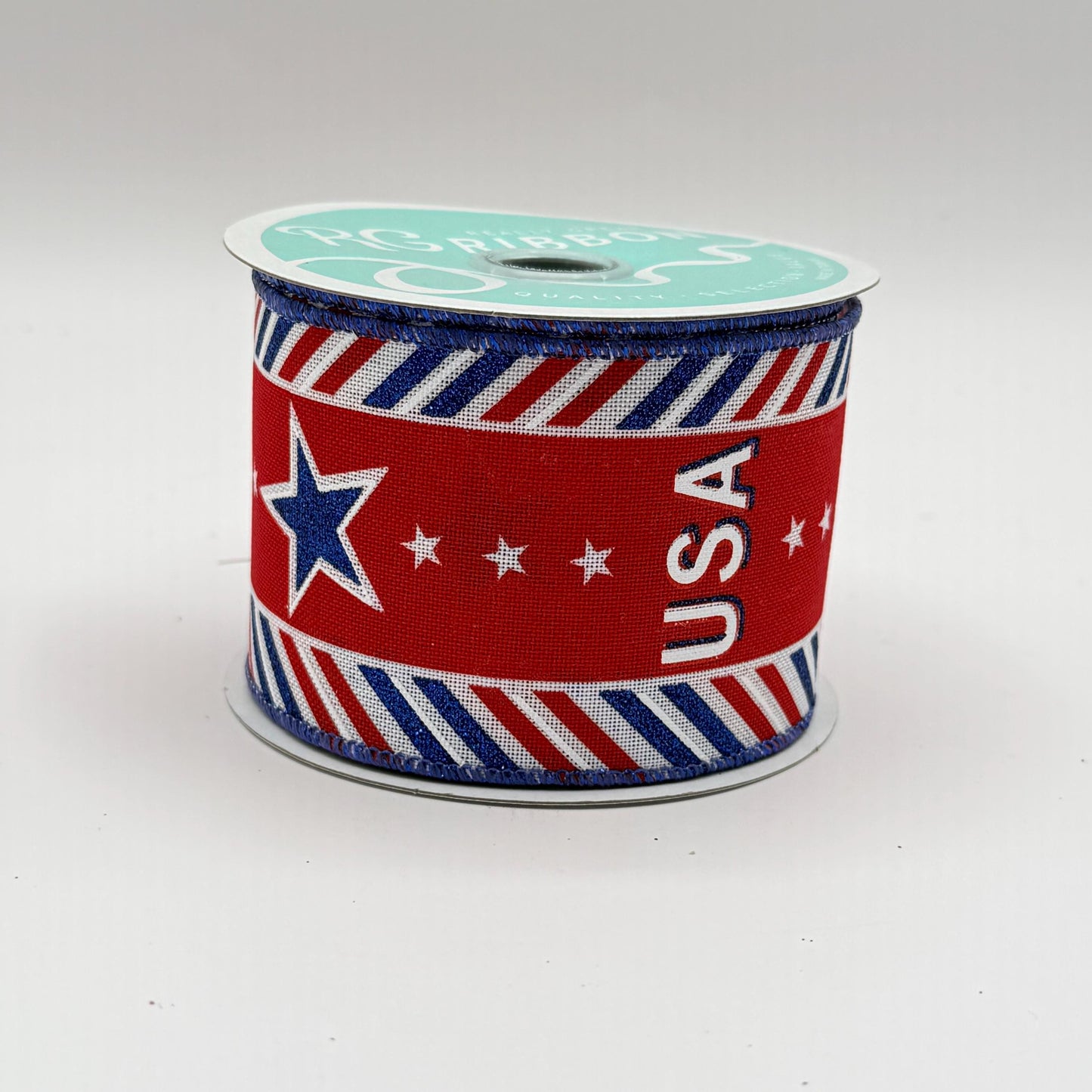 Red White and Blue USA on Diagonal Stripes Wired Ribbon, Fourth of July Wreath Supply, Patriotic Royal Ribbon 2.5” by 10 yards, RGE163127