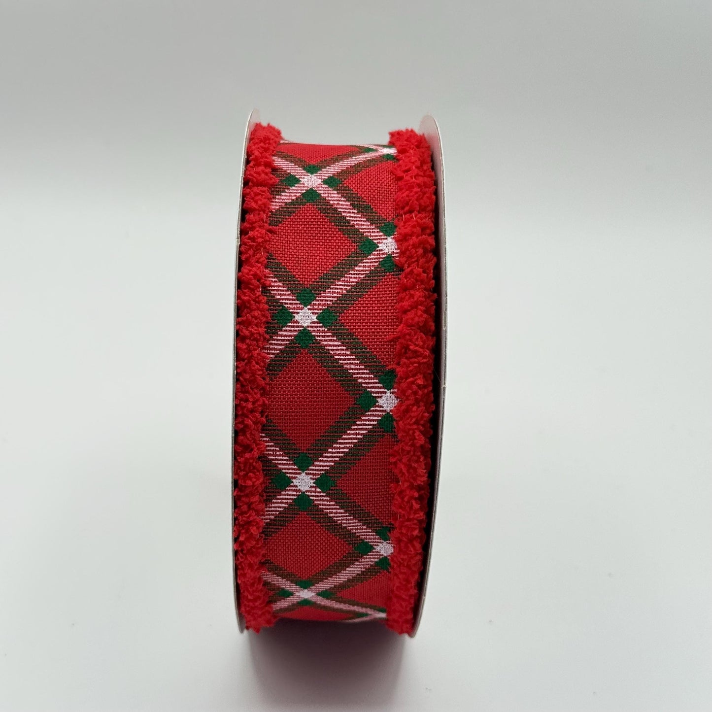 Red Diagonal Dash Check Wired Ribbon, Fourth of July Wreath Supply, Patriotic Ribbon with Red Drift Edge 1.5” by 10 yards, RGA885524