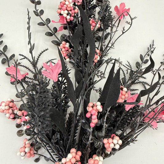 24"L Fabric Flower/EVA Leaf/Beads Spray: Black and Pink, Halloween Greenery Stem, Trendy Witch Pumpkin Greenery Filler Bush, 60919, FH807156