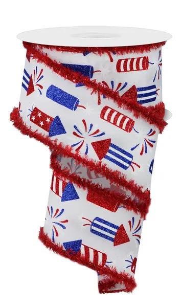 White Firecrackers Ribbon with Red Tinsel Edge, Red White & Blue Fourth of July Ribbon, Patriotic Wreath Supply, 2.5” by 10 yards, RGA868927