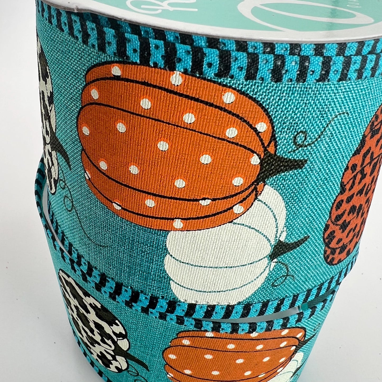 Fall Pumpkin Ribbon, Aqua Teal Ribbon with Leopard Print Pumpkins and Stripe Edge, Fall Harvest Ribbon for Bows, Fall Wreath Bow, RGA805134