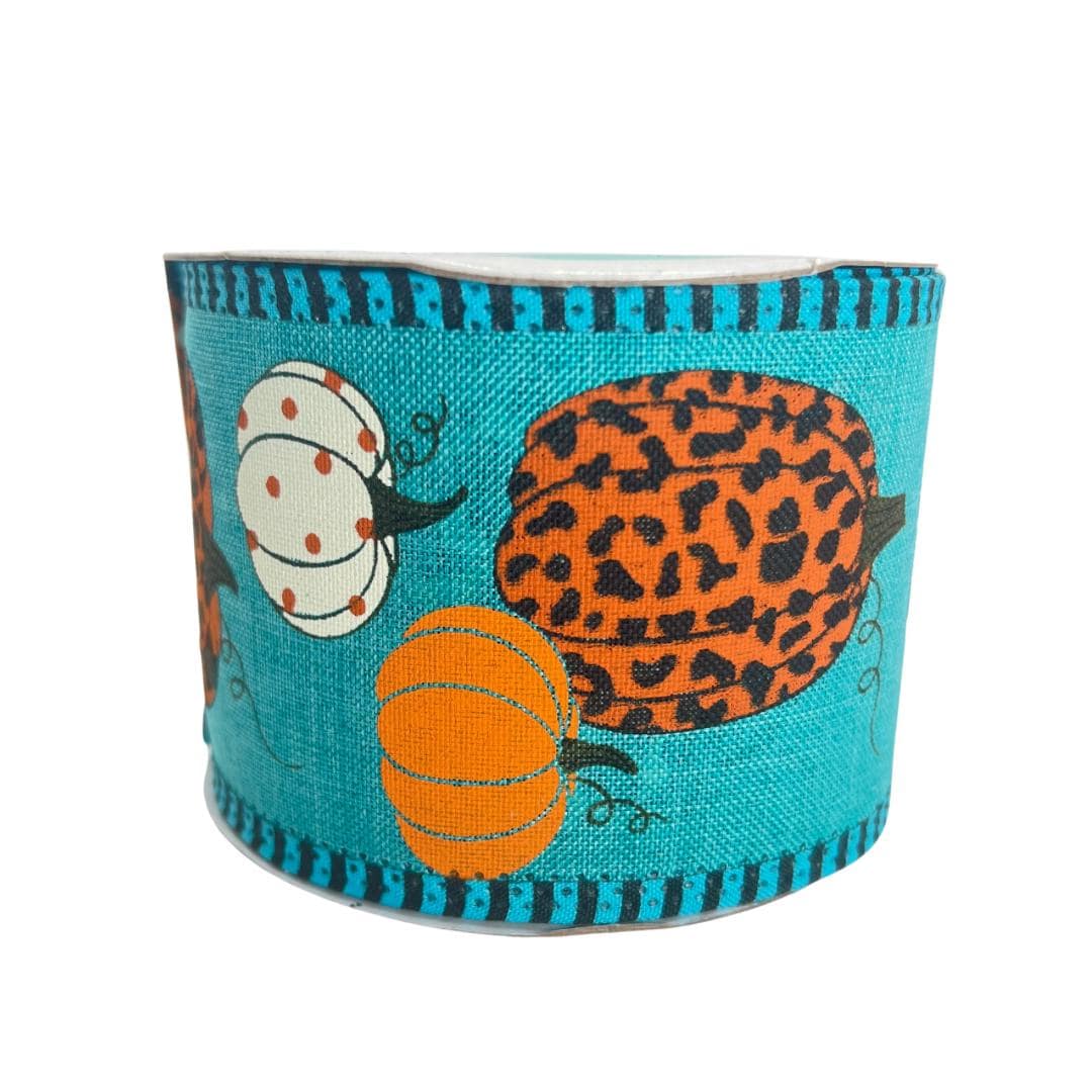 Fall Pumpkin Ribbon, Aqua Teal Ribbon with Leopard Print Pumpkins and Stripe Edge, Fall Harvest Ribbon for Bows, Fall Wreath Bow, RGA805134
