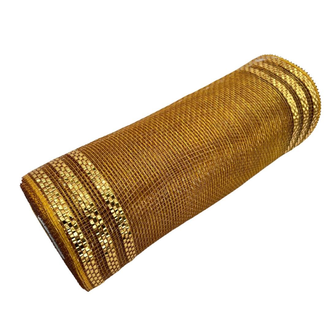Dark Gold Mesh with Metallic Stripe Border 10.5” by 10 Yards, Wreathmaking Supplies, Christmas or New Year’s Eve Decoration Accent, RE850208