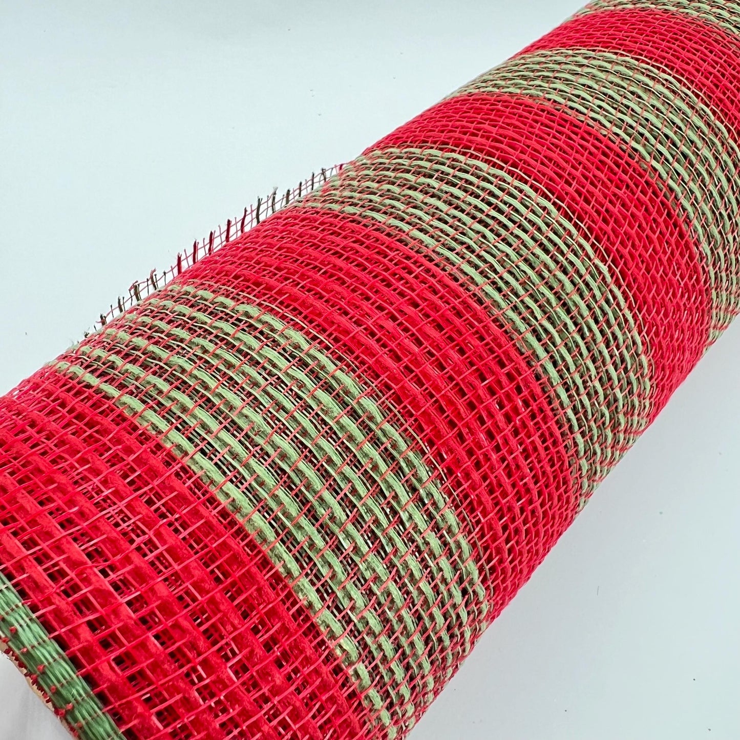 Red and Moss Green Check Thin Stripe Fabric Mesh 10.5” by 10 Yards, Olive Green Rustic Wreathmaking Supplies, Christmas Accent, RY831958