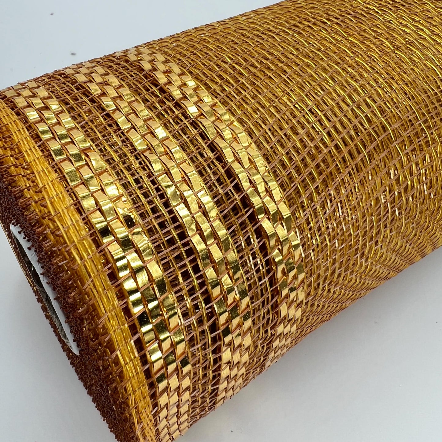 Dark Gold Mesh with Metallic Stripe Border 10.5” by 10 Yards, Wreathmaking Supplies, Christmas or New Year’s Eve Decoration Accent, RE850208