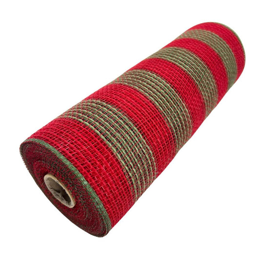 Red and Moss Green Check Thin Stripe Fabric Mesh 10.5” by 10 Yards, Olive Green Rustic Wreathmaking Supplies, Christmas Accent, RY831958