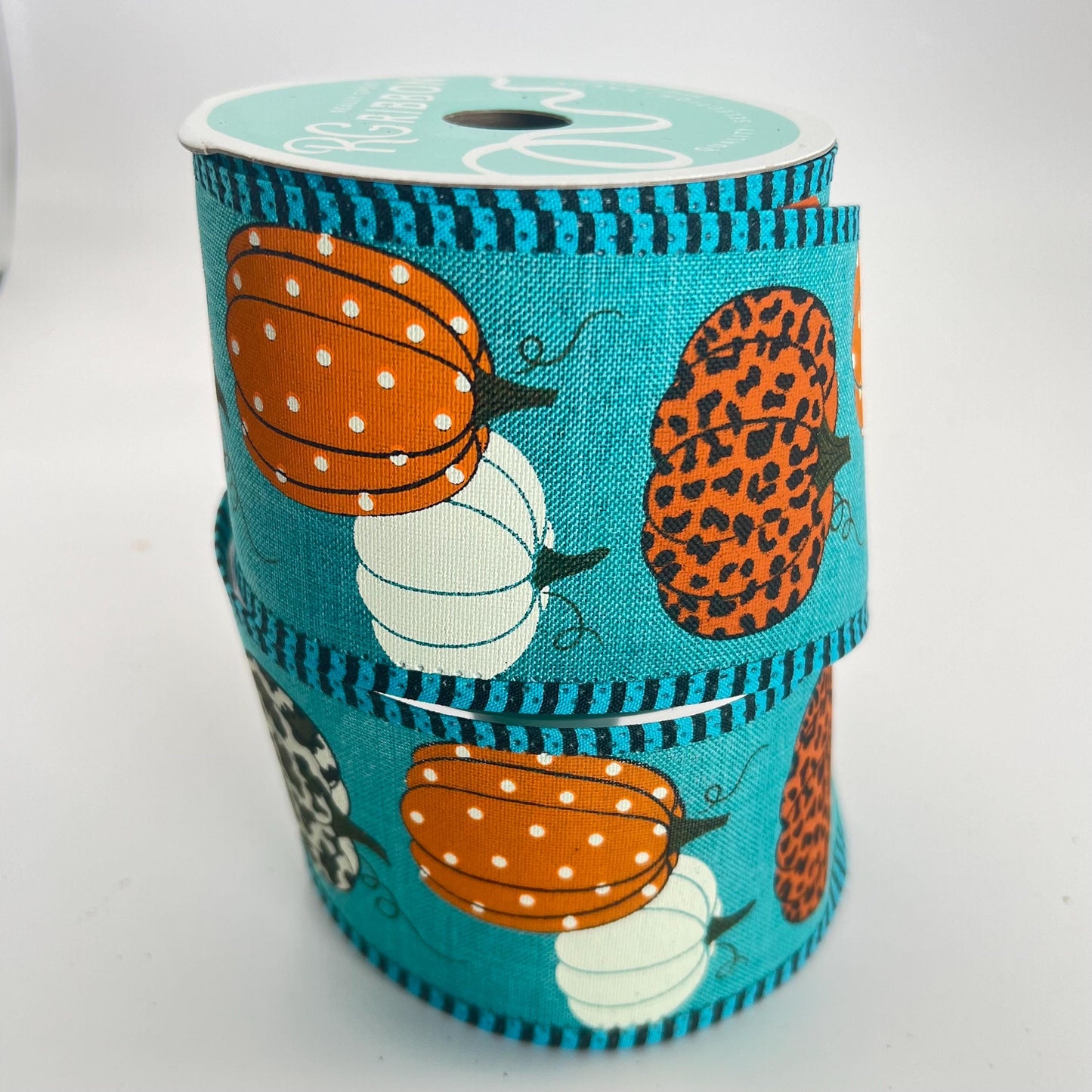 Fall Pumpkin Ribbon, Aqua Teal Ribbon with Leopard Print Pumpkins and Stripe Edge, Fall Harvest Ribbon for Bows, Fall Wreath Bow, RGA805134