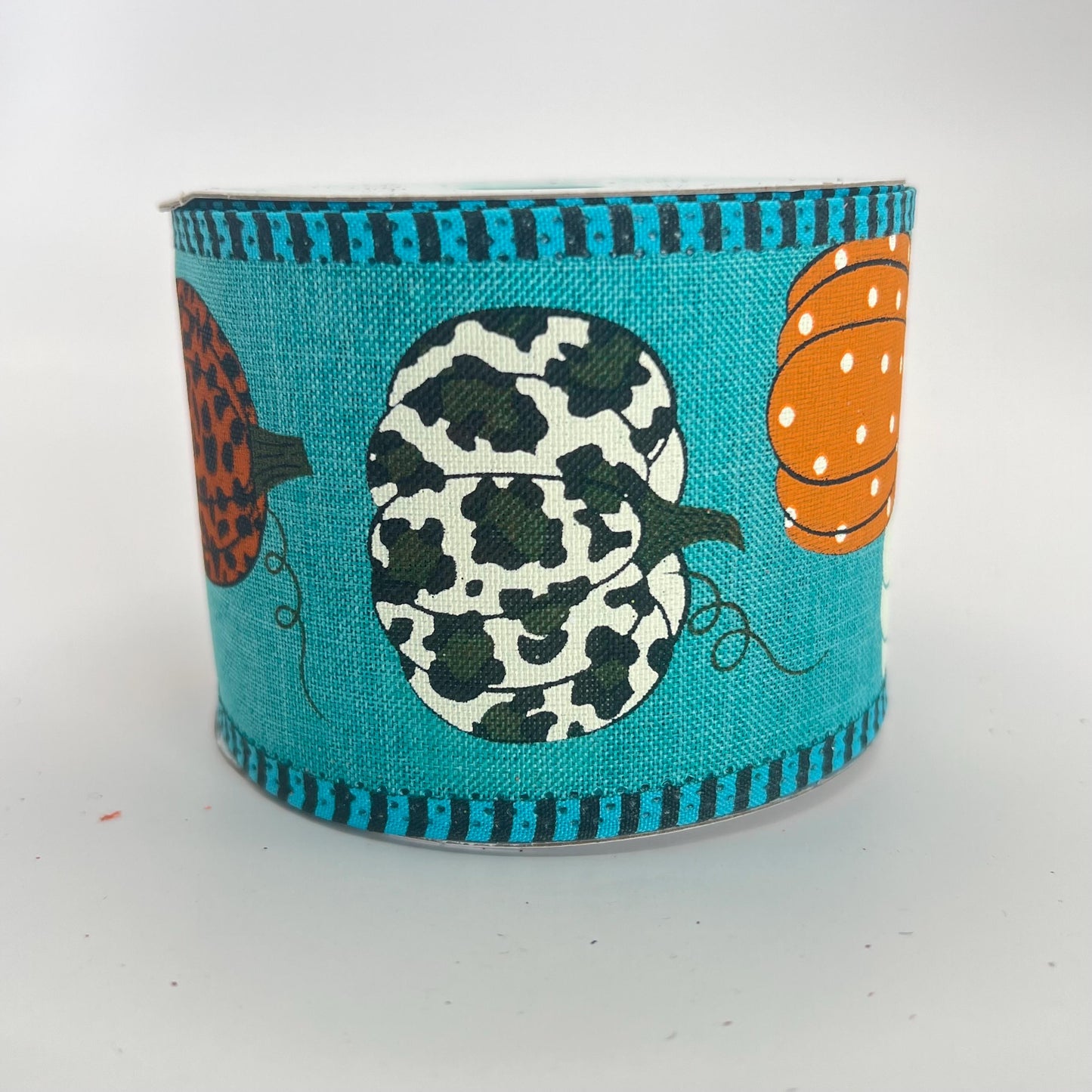 Fall Pumpkin Ribbon, Aqua Teal Ribbon with Leopard Print Pumpkins and Stripe Edge, Fall Harvest Ribbon for Bows, Fall Wreath Bow, RGA805134