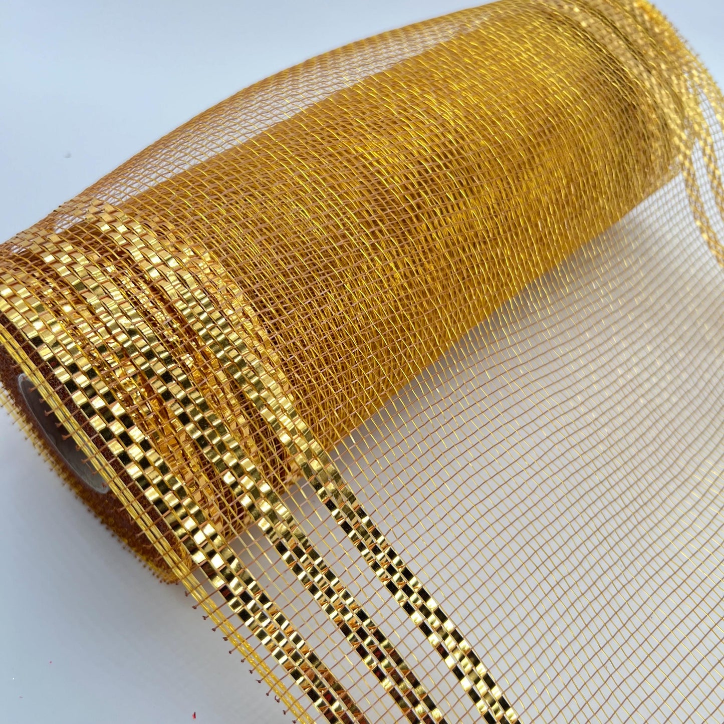 Dark Gold Mesh with Metallic Stripe Border 10.5” by 10 Yards, Wreathmaking Supplies, Christmas or New Year’s Eve Decoration Accent, RE850208
