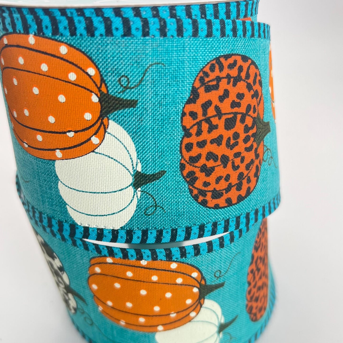 Fall Pumpkin Ribbon, Aqua Teal Ribbon with Leopard Print Pumpkins and Stripe Edge, Fall Harvest Ribbon for Bows, Fall Wreath Bow, RGA805134