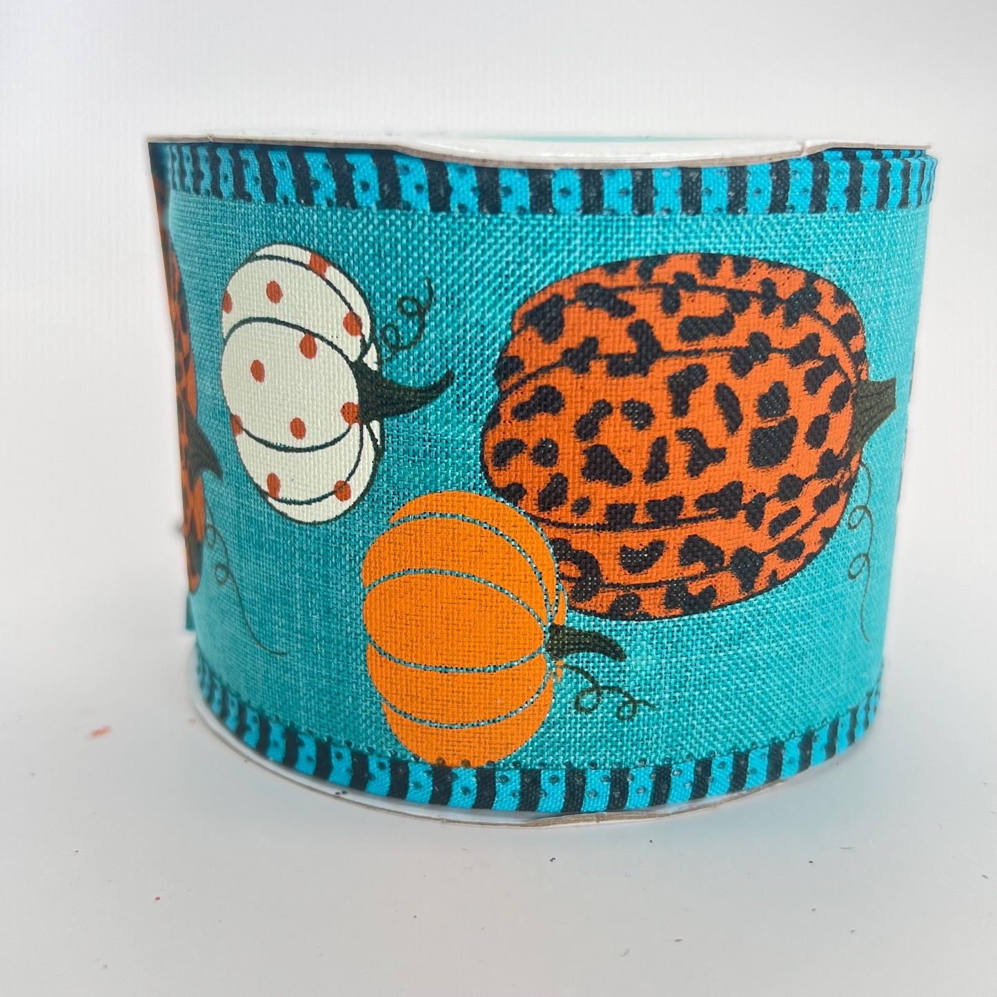 Fall Pumpkin Ribbon, Aqua Teal Ribbon with Leopard Print Pumpkins and Stripe Edge, Fall Harvest Ribbon for Bows, Fall Wreath Bow, RGA805134