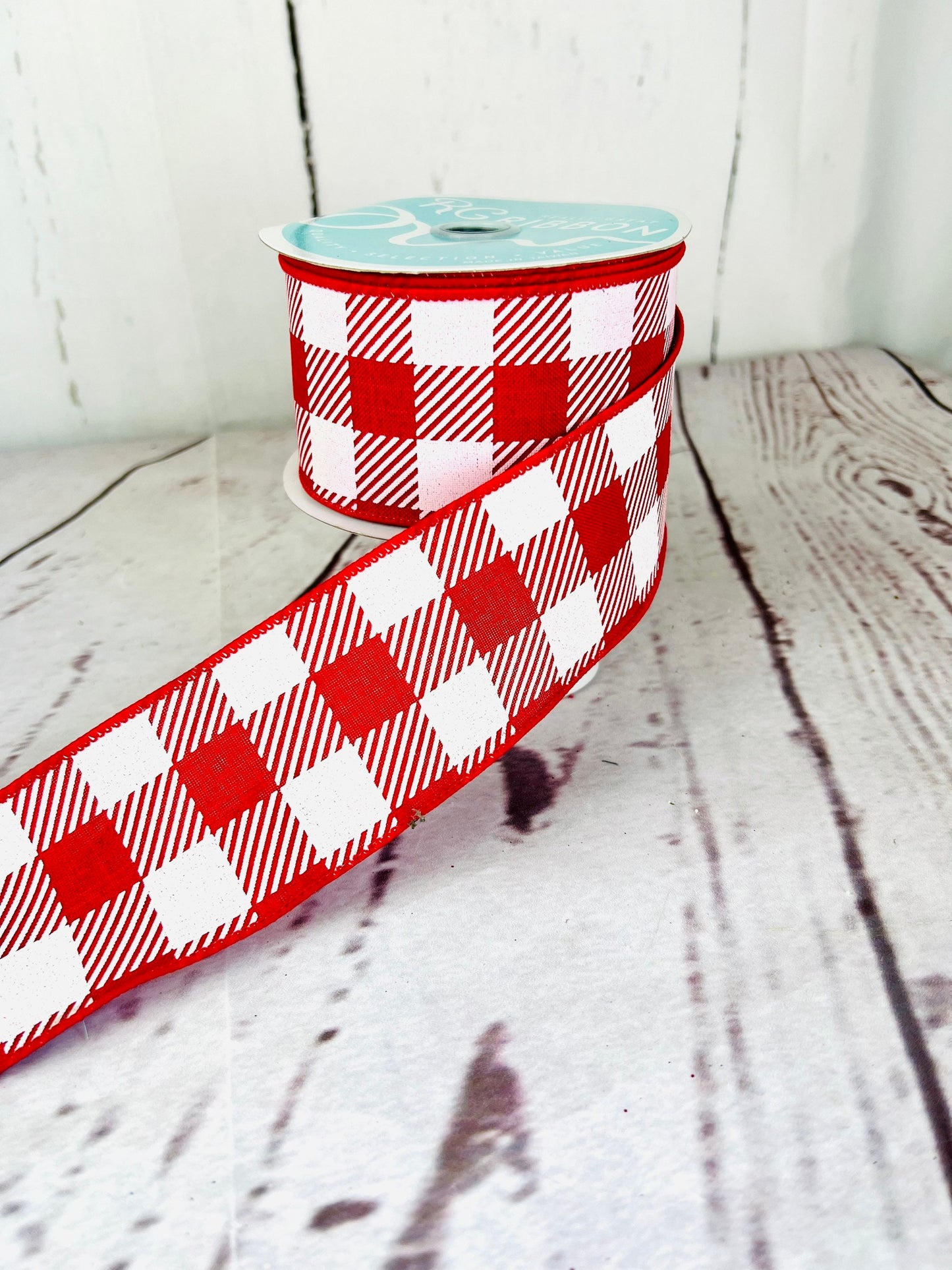 Red and White Checkered Wired Ribbon: 2.5" x 10 Yards