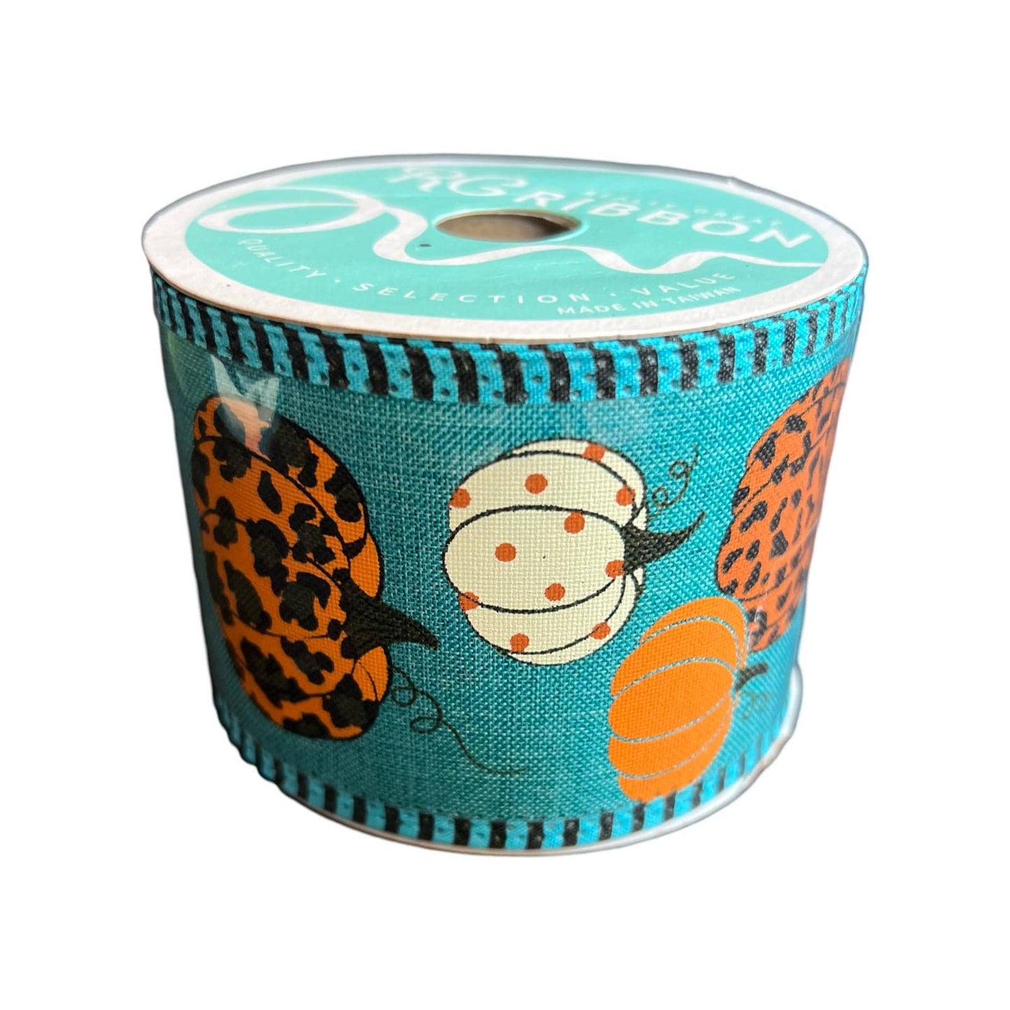 Fall Teal Pumpkin Ribbon, 2.5 Inch Blue Ribbon with Orange and Leopard Pumpkins, Aqua Orange and Leopard Pumpkin, 10 yard roll wreath ribbon