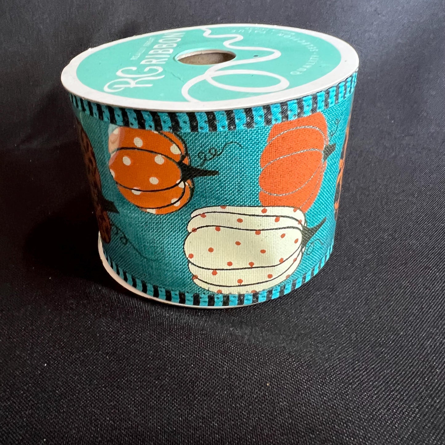 Fall Teal Pumpkin Ribbon, 2.5 Inch Blue Ribbon with Orange and Leopard Pumpkins, Aqua Orange and Leopard Pumpkin, 10 yard roll wreath ribbon